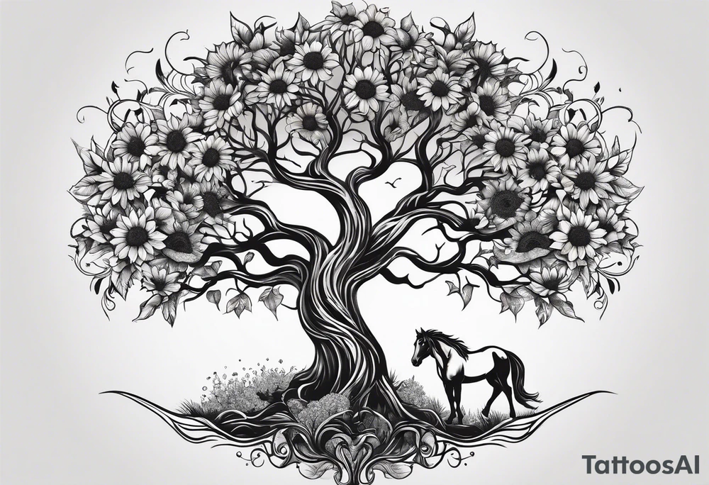 Yggdrasil tree, horse in front of it, and sunflowers tattoo idea