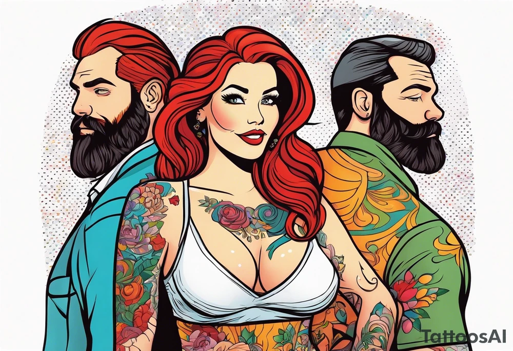 Busty Red haired woman with bearded man tattoo idea