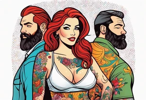 Busty Red haired woman with bearded man tattoo idea
