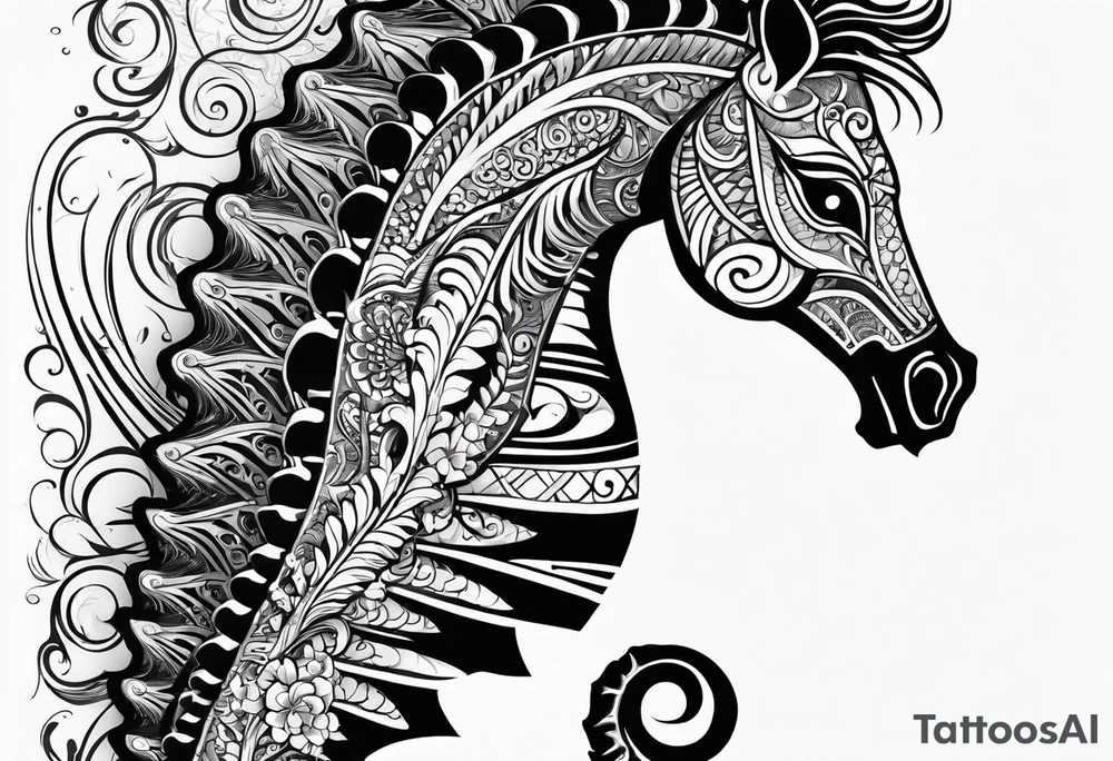 seahorse on white background, black and white, intricate Polynesian tattoo, for laser engraving tattoo idea