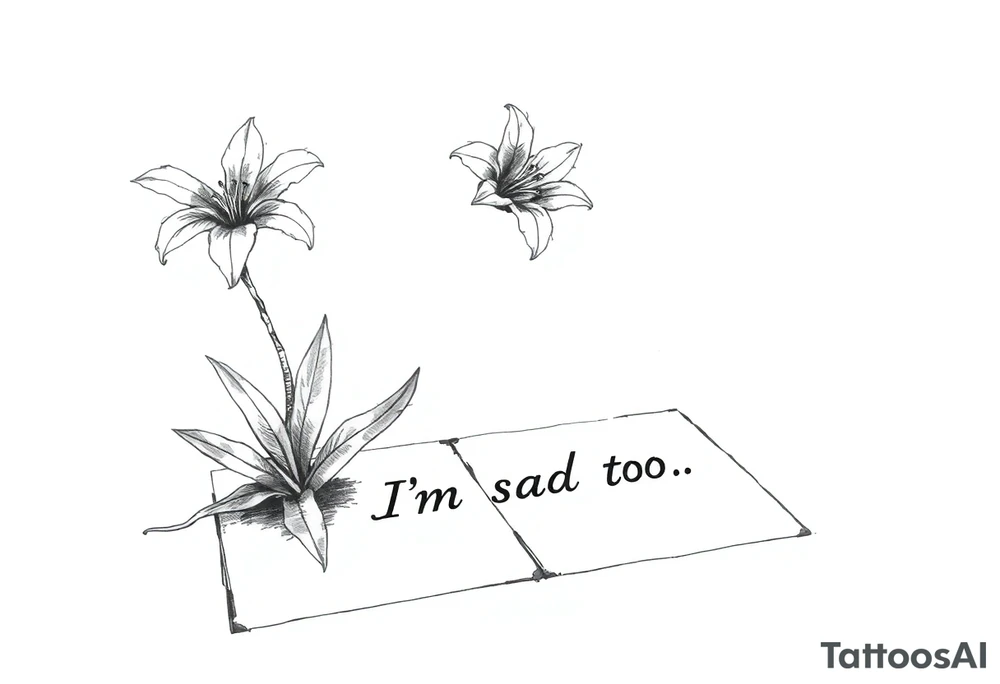 Lily growing out of tile floor with the words I’m sad too written small in the grout between two tiles tattoo idea