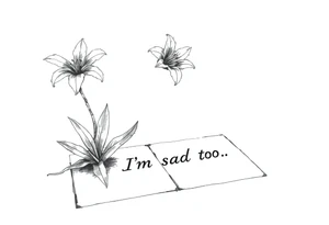 Lily growing out of tile floor with the words I’m sad too written small in the grout between two tiles tattoo idea