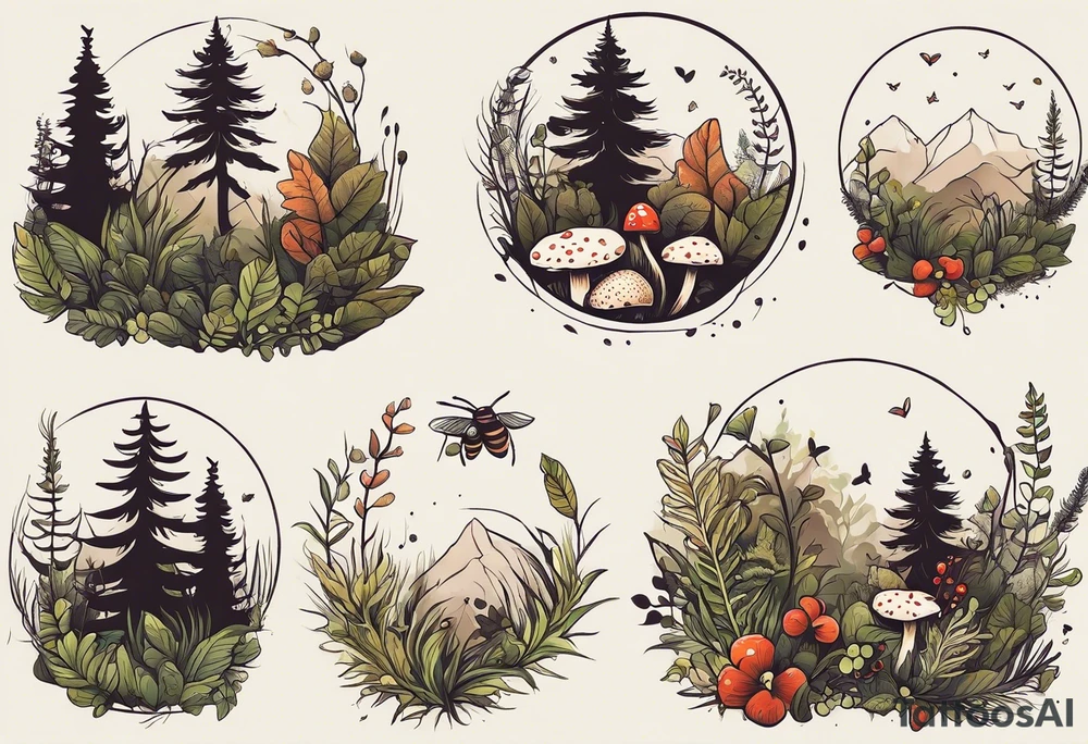 minimalistic forest floor inspired tattoo, which includes grass, moss, curly ferns and dead leaves as the bulk of the tattoo. details to include: forest berries, couple of very small brown mushrooms, a tiny bumblebee flying nearby tattoo idea