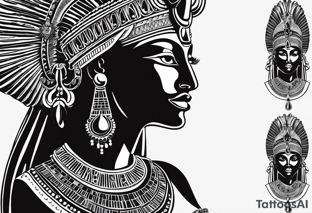 black and white Egyptian goddess Isis, who is often depicted as a woman with outstretched wings, holding an ankh (a symbol of life) in one hand and a lotus flower in the other. Her headdress often includes a throne or a solar disk. The tattoo design can vary in style and size, but it typically aims to capture the essence of this revered Egyptian deity, emphasizing her beauty, power, and maternal qualities. The choice of colors and additional elements can also be customized to create a unique and visually striking representation of the goddess Isis tattoo idea