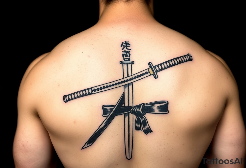 Katana with a black belt and fabled written in korean tattoo idea