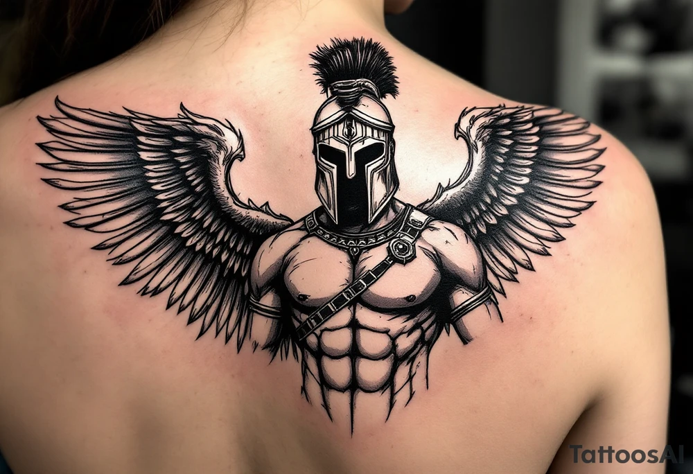 forearm tattoo of a spartan warrior with angel wings tattoo idea