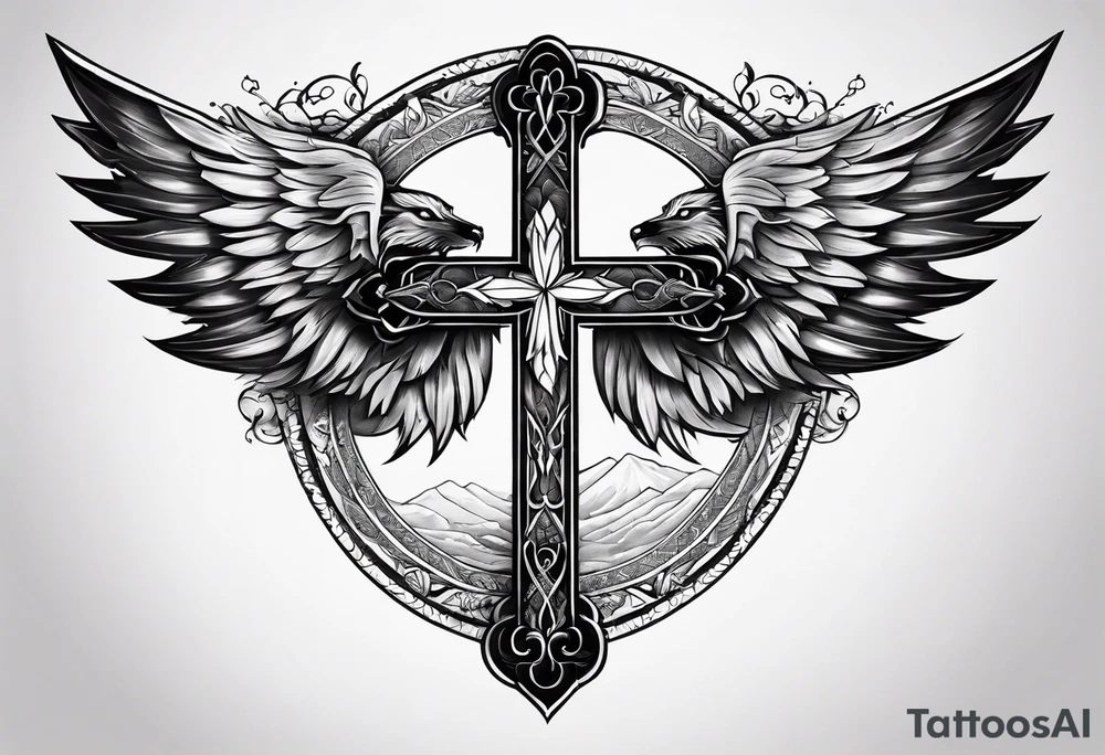 cross with wings and a wolf going inside it resembling paradise tattoo idea