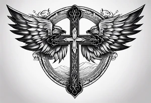 cross with wings and a wolf going inside it resembling paradise tattoo idea