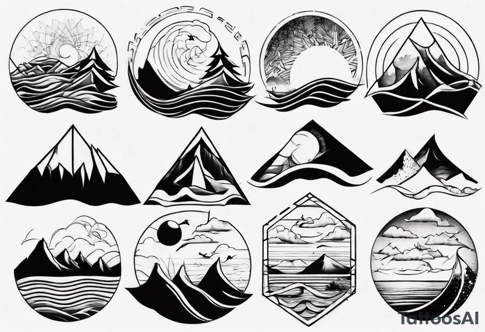 mountains, beach, waves, sunset, trees tattoo idea