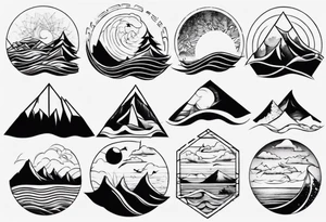 mountains, beach, waves, sunset, trees tattoo idea