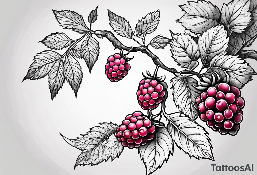 a long raspberry branch that curves to the right and focuses on line work. tattoo idea