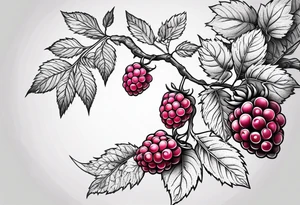 a long raspberry branch that curves to the right and focuses on line work. tattoo idea