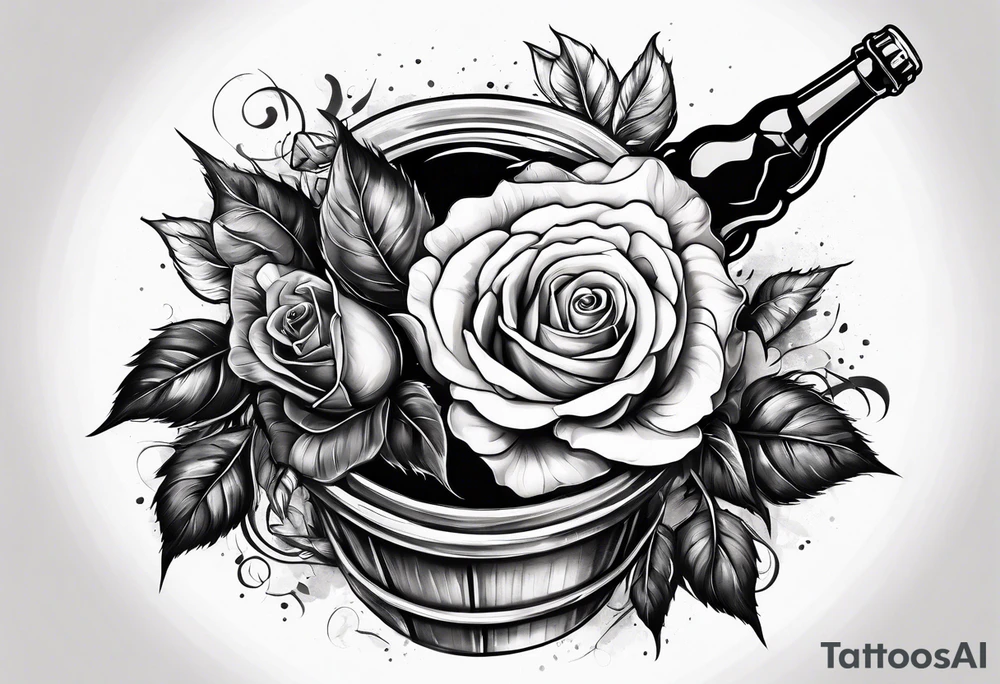 A bottle of beer and a stalk of rose in the bucket tattoo idea