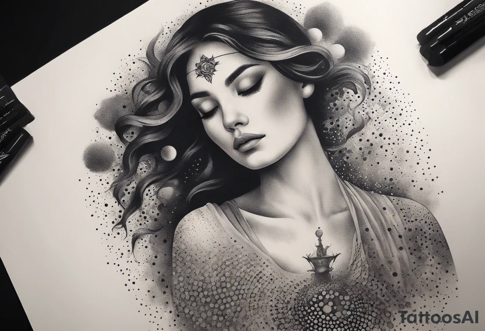 Resurrection Beautiful Woman walking through fire and chaos to inner peace and self-love  ethereal tattoo idea