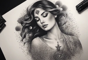 Resurrection Beautiful Woman walking through fire and chaos to inner peace and self-love  ethereal tattoo idea