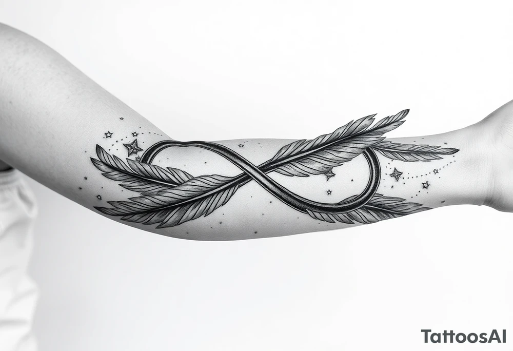 infinity symbol woven with floating feathers and stardust tattoo idea