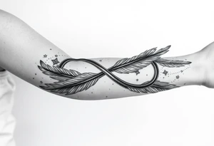 infinity symbol woven with floating feathers and stardust tattoo idea