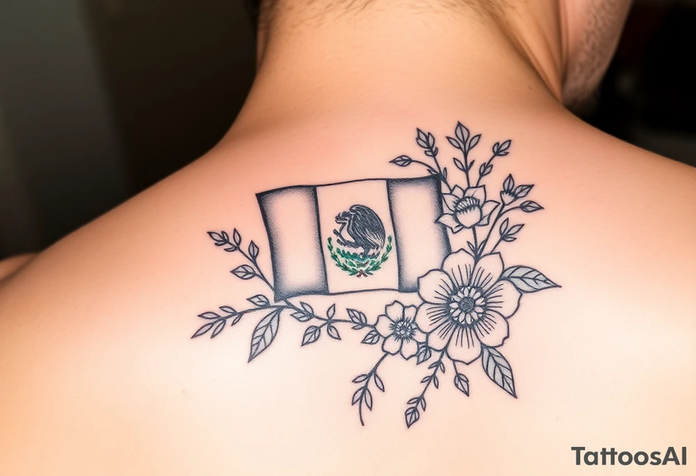 Small, feminine tattoo for placement on my clavical or lower back that reflects new life journey, delicate florals, ornaments and vines. Include Mexican flag and images of Mexican flowers. Style as if painted on a Mexican tile and include red, green and blue accents. tattoo idea