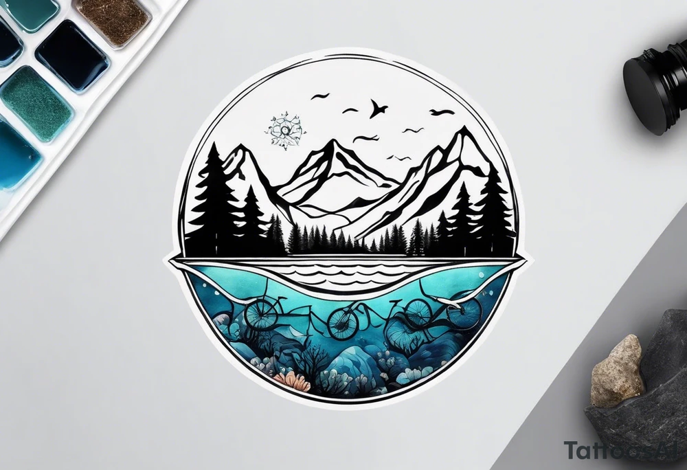 This is a minimalistic tattoo that is split into 2 sections; a top half and a bottom half. The top half is a mountain in Norway with a mountain bike trail winding down the mountain. The bottom half of the tattoo depicts an underwater scene featuring water, and sea life. tattoo idea
