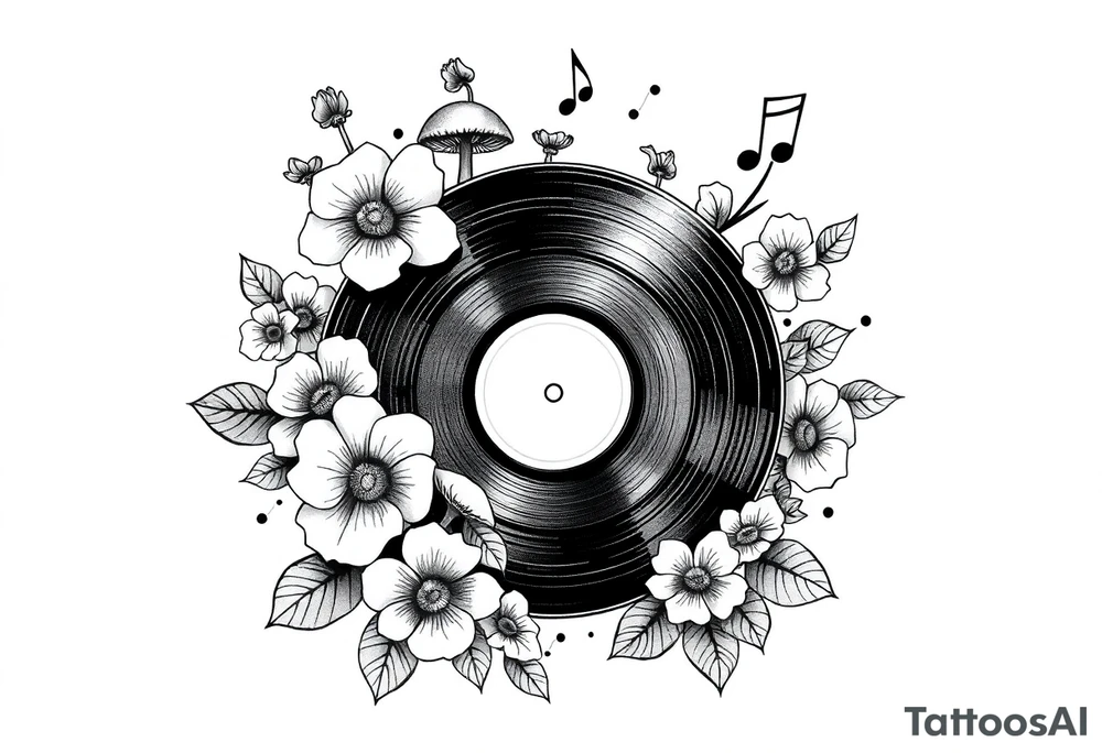 vinyl record surrounded by flowers, mushrooms, and music notes tattoo idea