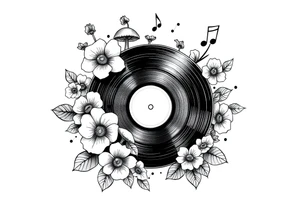 vinyl record surrounded by flowers, mushrooms, and music notes tattoo idea