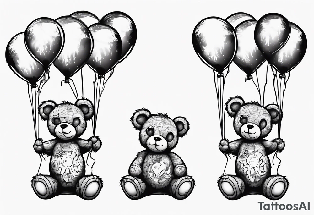 Scruffy teddy bear holding on to balloons and wearing a T-shirt going up to the sky tattoo idea