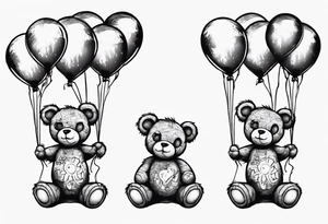 Scruffy teddy bear holding on to balloons and wearing a T-shirt going up to the sky tattoo idea