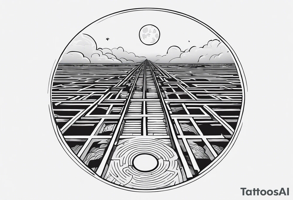Maze with a train track in the middle. Sky cracking with moon of time tattoo idea