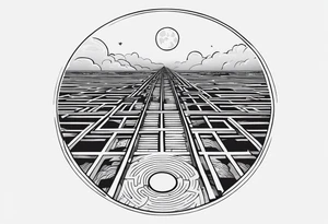Maze with a train track in the middle. Sky cracking with moon of time tattoo idea
