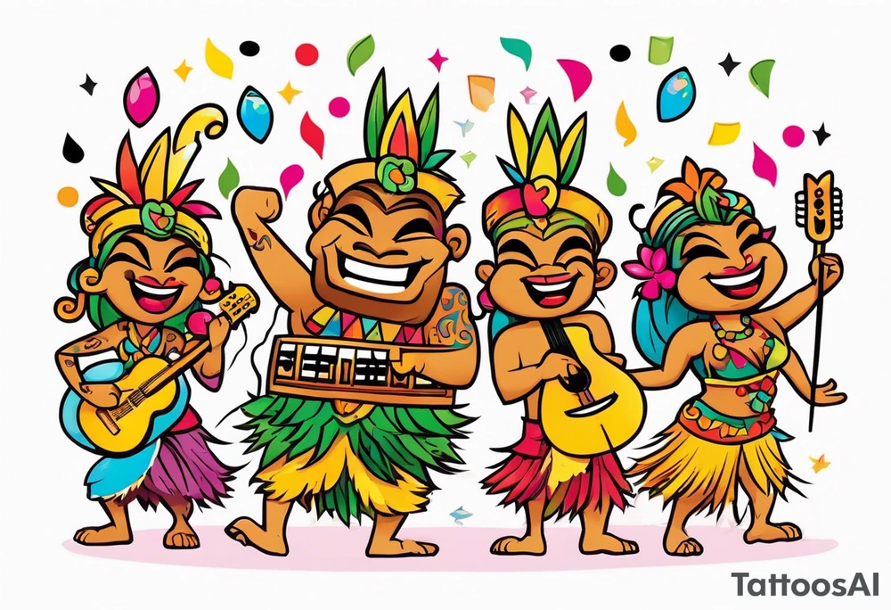 tiki party with dancing tiki guys and sexy tiki girls with music notes and confetti tattoo idea