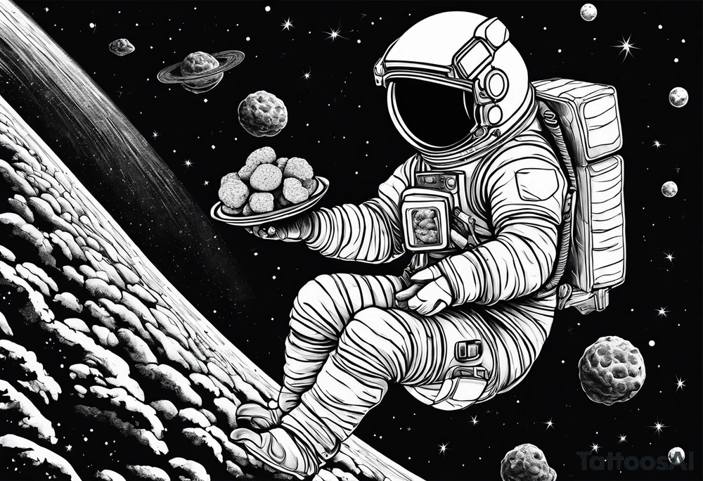 a picture of an astronaut eating a chicken nugget 
while floating in space showing the full body tattoo idea