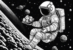 a picture of an astronaut eating a chicken nugget 
while floating in space showing the full body tattoo idea
