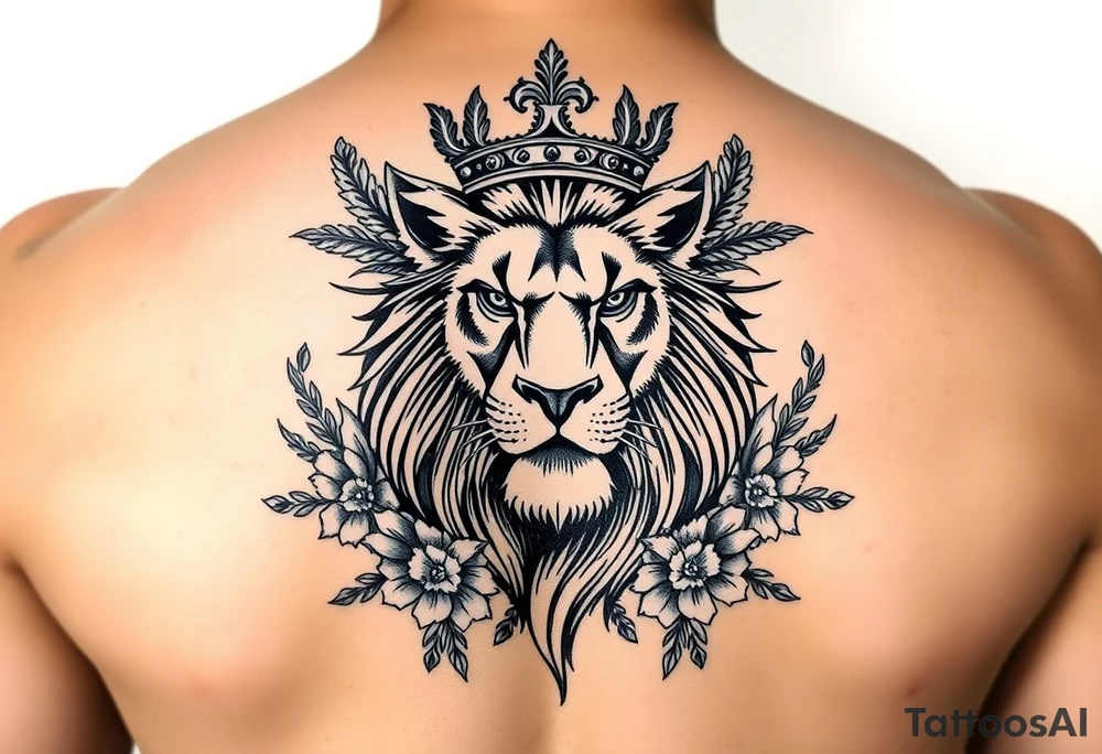 powerful majestic lion with a crown, surrounded by floral ornaments and birds tattoo idea