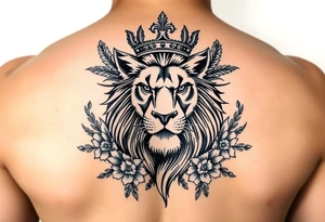 powerful majestic lion with a crown, surrounded by floral ornaments and birds tattoo idea