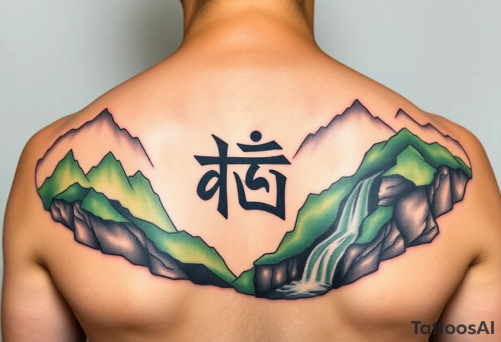 I need to import a photograph as the focal point of the tattoo. The Burmese word သား Inside of a photo the subject of the photo.  The photo surrounded by a colorful green mountainside with a waterfall tattoo idea