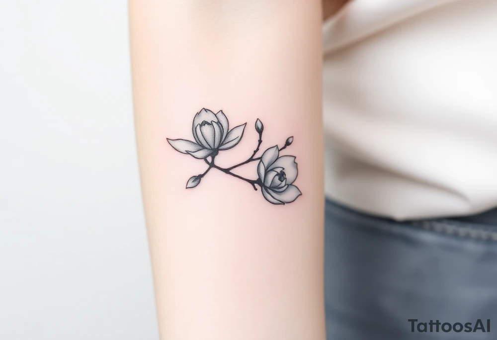 Branch with few magnolia flowers, in different blossom stages with botanical details tattoo idea