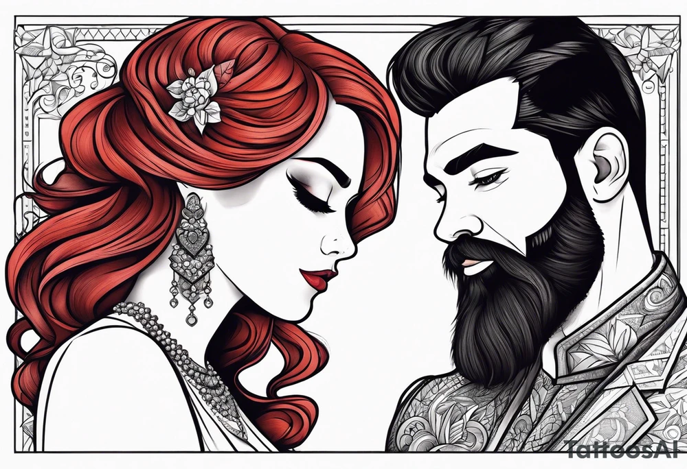 Busty red haired woman with a bearded man who has black hair getting married tattoo idea