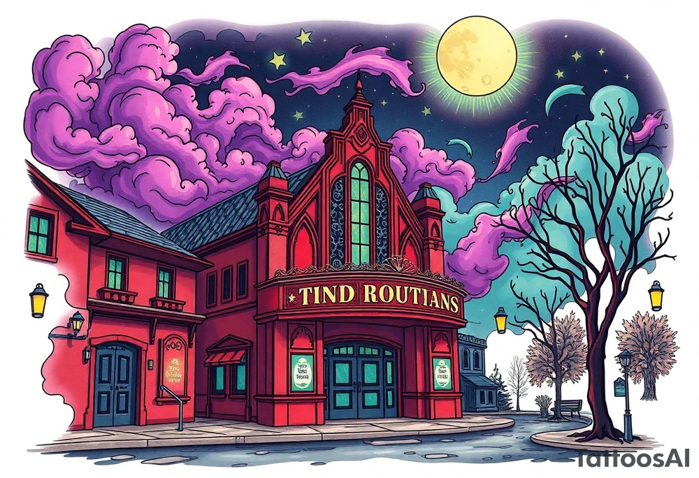 Tim Burton’s old theatre from outside view is the street abandoned and dripping with muted reds, dusty pinks, and eerie green glow purple and cyan smokey clouds swirl and dance in the moonlit night sky filled with twinkling stars  tattoo idea tattoo idea