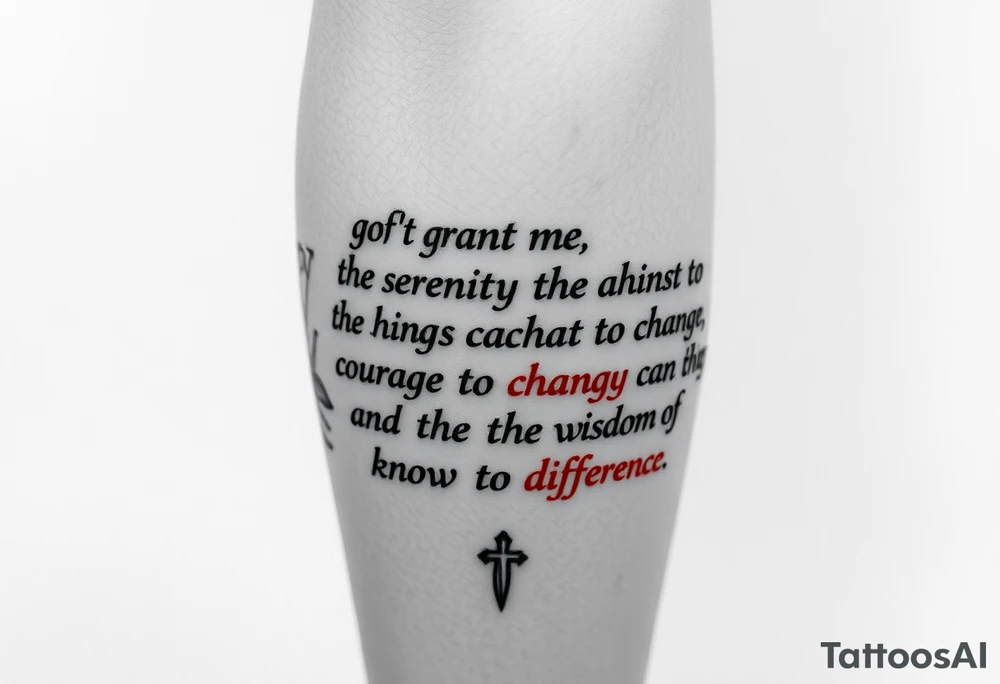 Generate a leg tattoo doing down the side of leg all the way down saying  “god grant me the serenity to  accept the things I can not change courage to change the things I can and the wisdom to know the difference” put god , serenity , courage, and wisdom in red tattoo idea