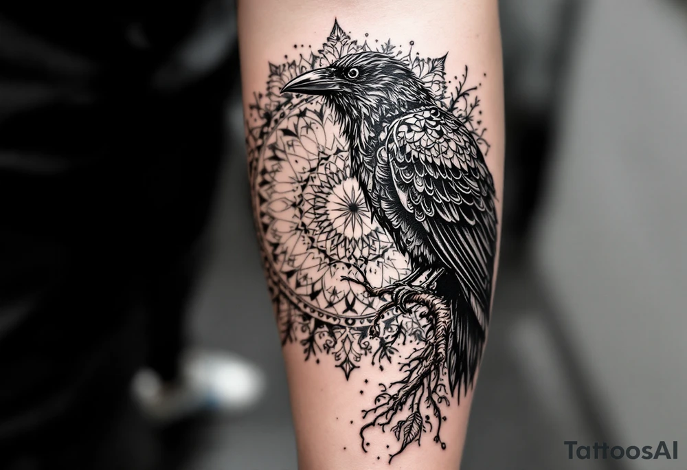 laeft arm tattoo of a raven on a branch surrounded by mandala tattoo idea