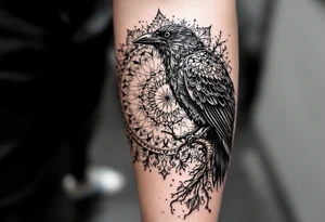 laeft arm tattoo of a raven on a branch surrounded by mandala tattoo idea