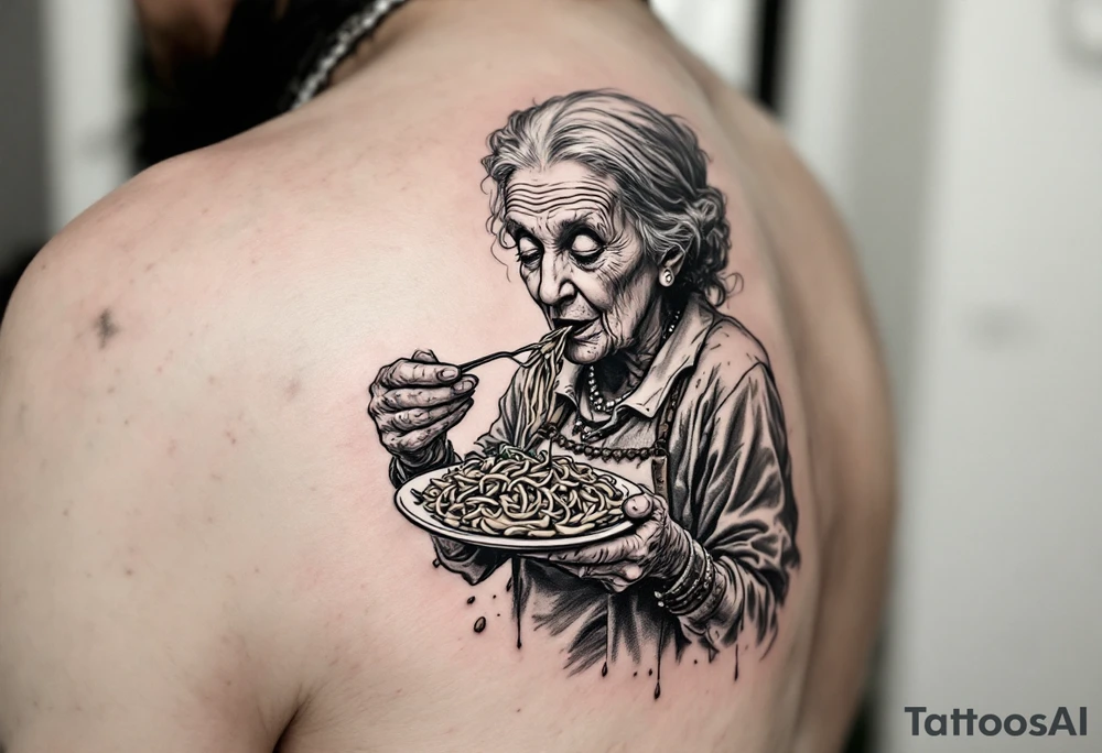 Arm tattoo: An old lady eating a plate of pasta tattoo idea