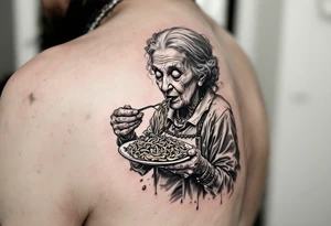 Arm tattoo: An old lady eating a plate of pasta tattoo idea