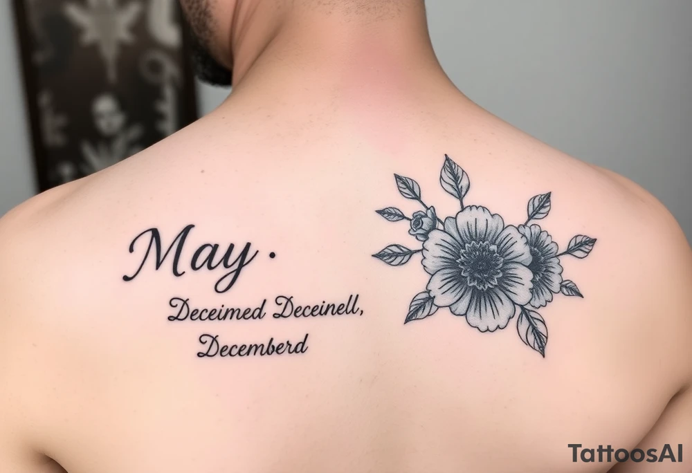 Smaller tattoo with May and December birth month flowers and the saying Gods Redeemed Obedient Salty Sisters aligned to the left tattoo idea