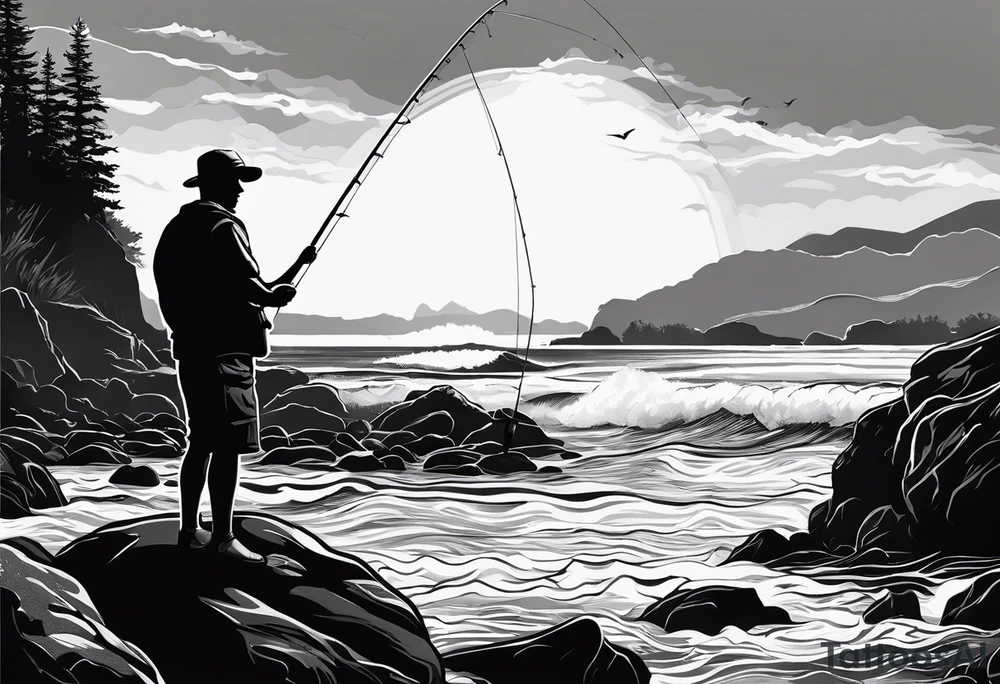 man fishing on a rocky beach silhouette tattoo idea