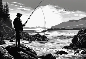 man fishing on a rocky beach silhouette tattoo idea