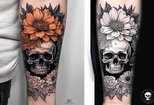 Left forearm tattoo of sunset and carnations on the outside of the forearm and on the inside there will be marigolds and a small skull tattoo idea