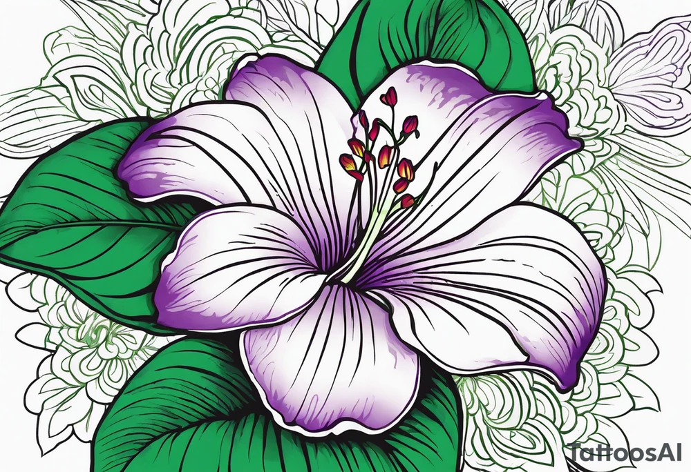 An outline of a rio dipladenia flower with a brush stroke green and purple background tattoo idea