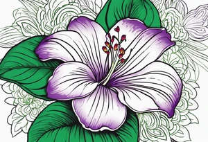 An outline of a rio dipladenia flower with a brush stroke green and purple background tattoo idea