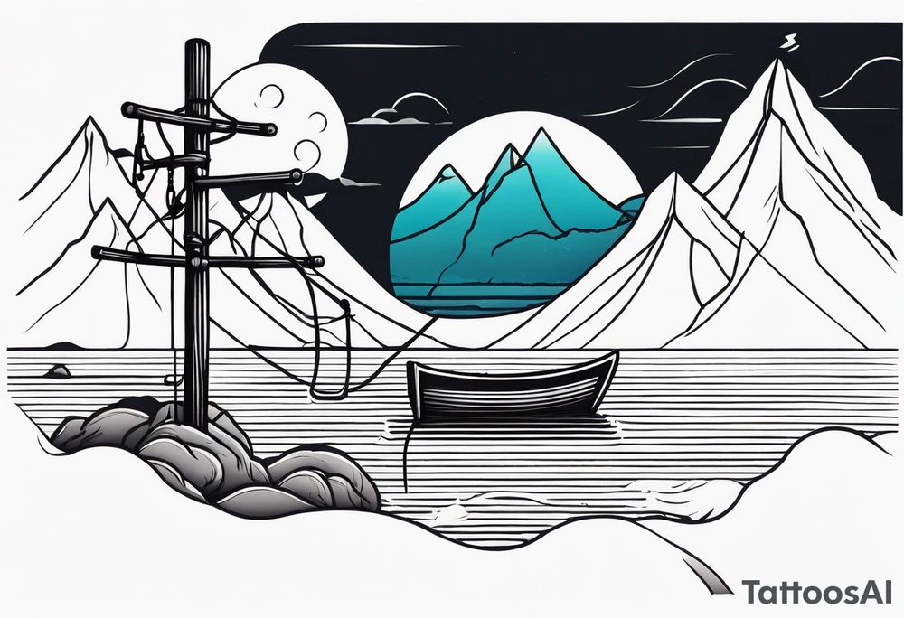 landscape and fishingpole and line with hook tattoo idea